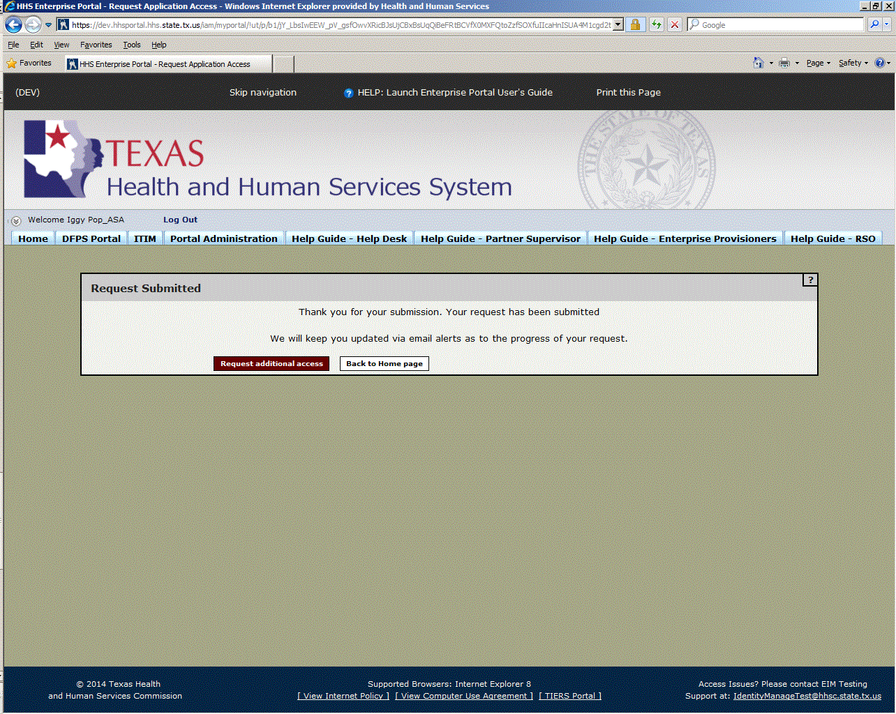 Screenshot of request information page.