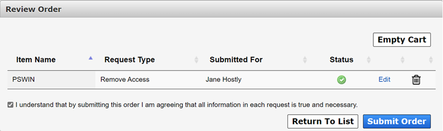 Screenshot of the HHS Enterprise Portal Review Order screen.