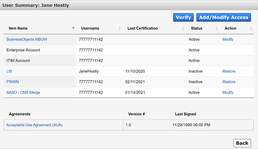 Screenshot of the HHS Enterprise Portal User Summary screen.