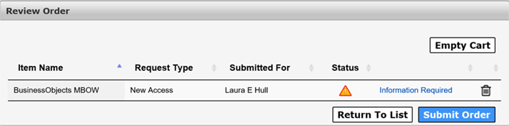 Screenshot of the Review Order Screen.