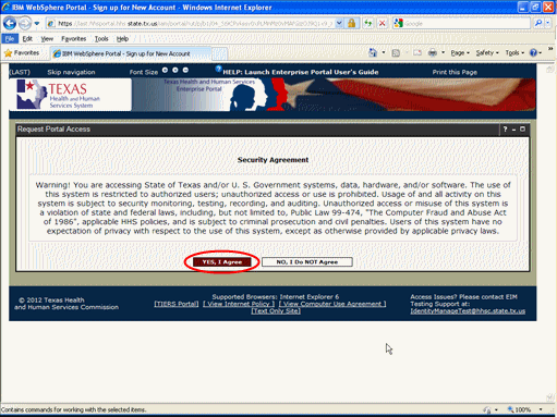 Screen shot of Security Agreement Page